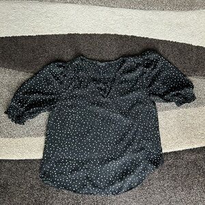 Ann Taylor Black and White Puff Sleeve Smocked Blouse
